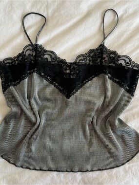 Vintage 90s pleated silver lingerie top with black lace trim